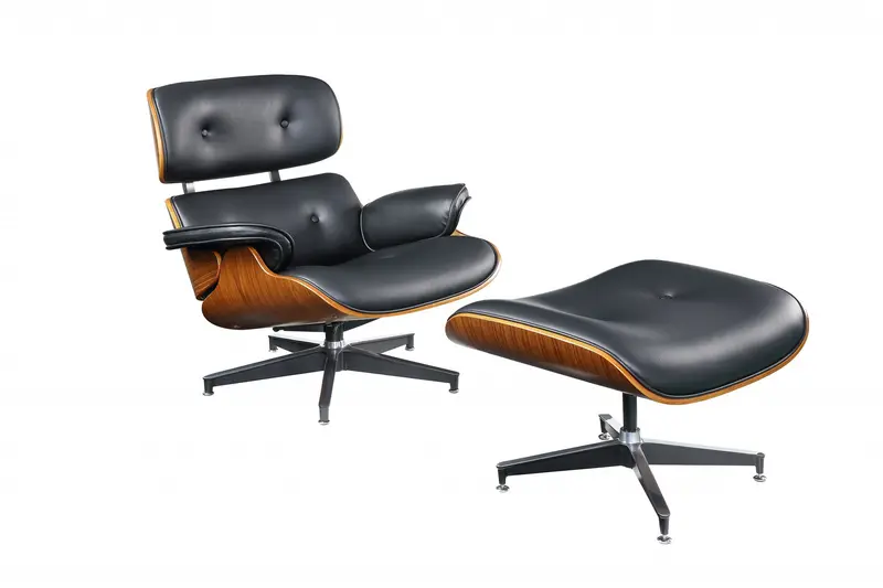 Black Bonded Leather Walnut Wood Upholstered (Seat) Aluminum Base Chair & Ottoman By Homeroots - 347296