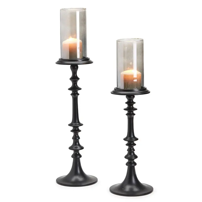 Black Candhleholder w/Smoke Glass Cup Incl 2 Sizes Set Of 2 By Two's Company