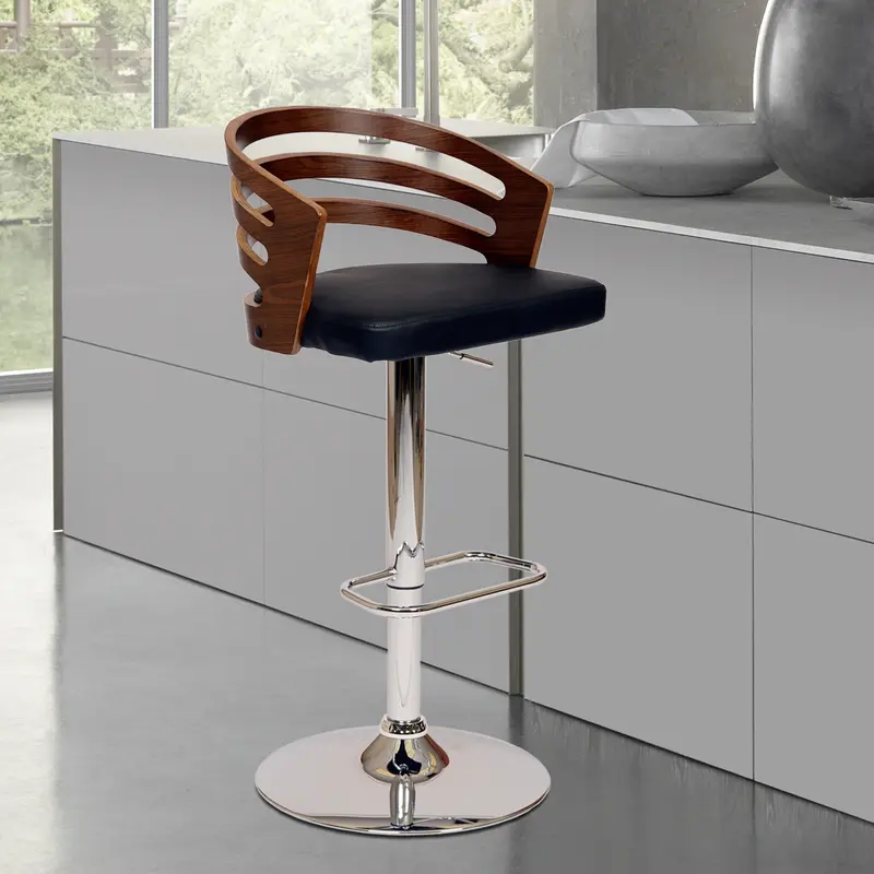 Black Faux Leather Walnut and Chrome Adjustable Swivel Bar Stool By Homeroots