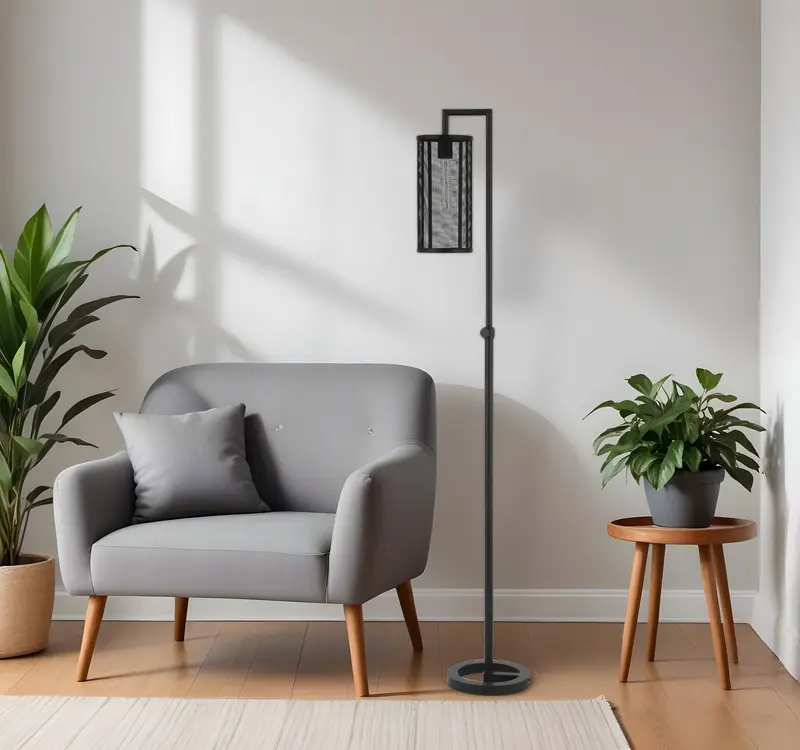 Black Floor Lamp With Black Mesh Metal Cylinder Shade By Homeroots