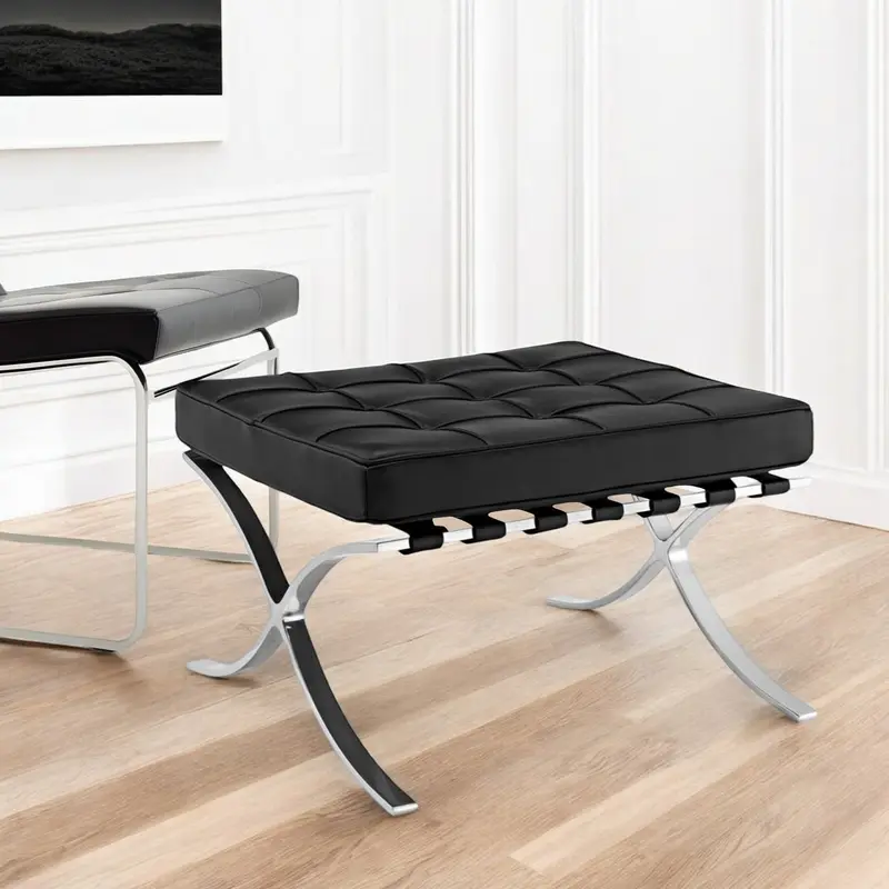 Black Genuine Leather and Silver Tufted Footstool Ottoman By Homeroots