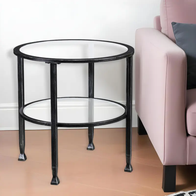 Black Glass And Iron Round End Table By Homeroots