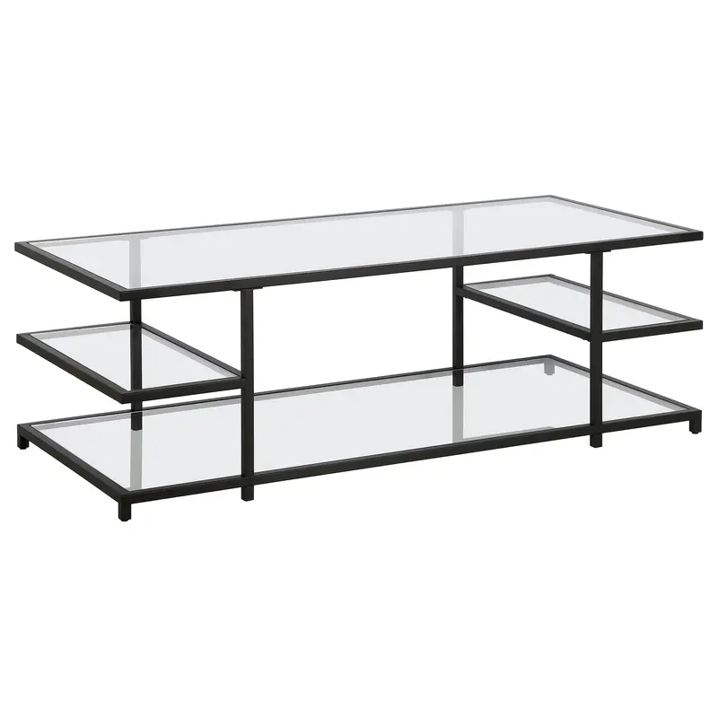 Black Glass And Steel Coffee Table With Three Shelves By Homeroots