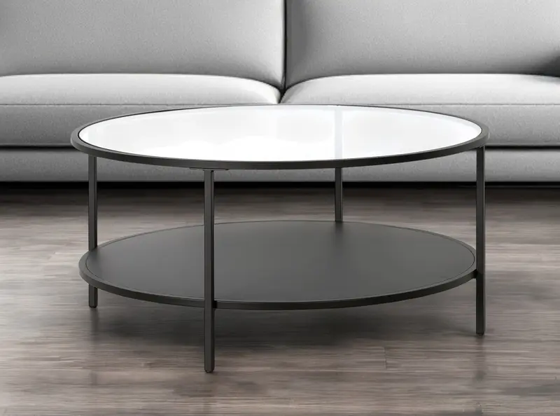 Black Glass And Steel Round Coffee Table With Shelf By Homeroots