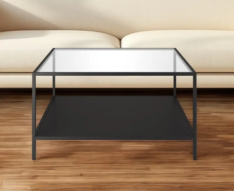 Black Glass And Steel Square Coffee Table With Shelf By Homeroots