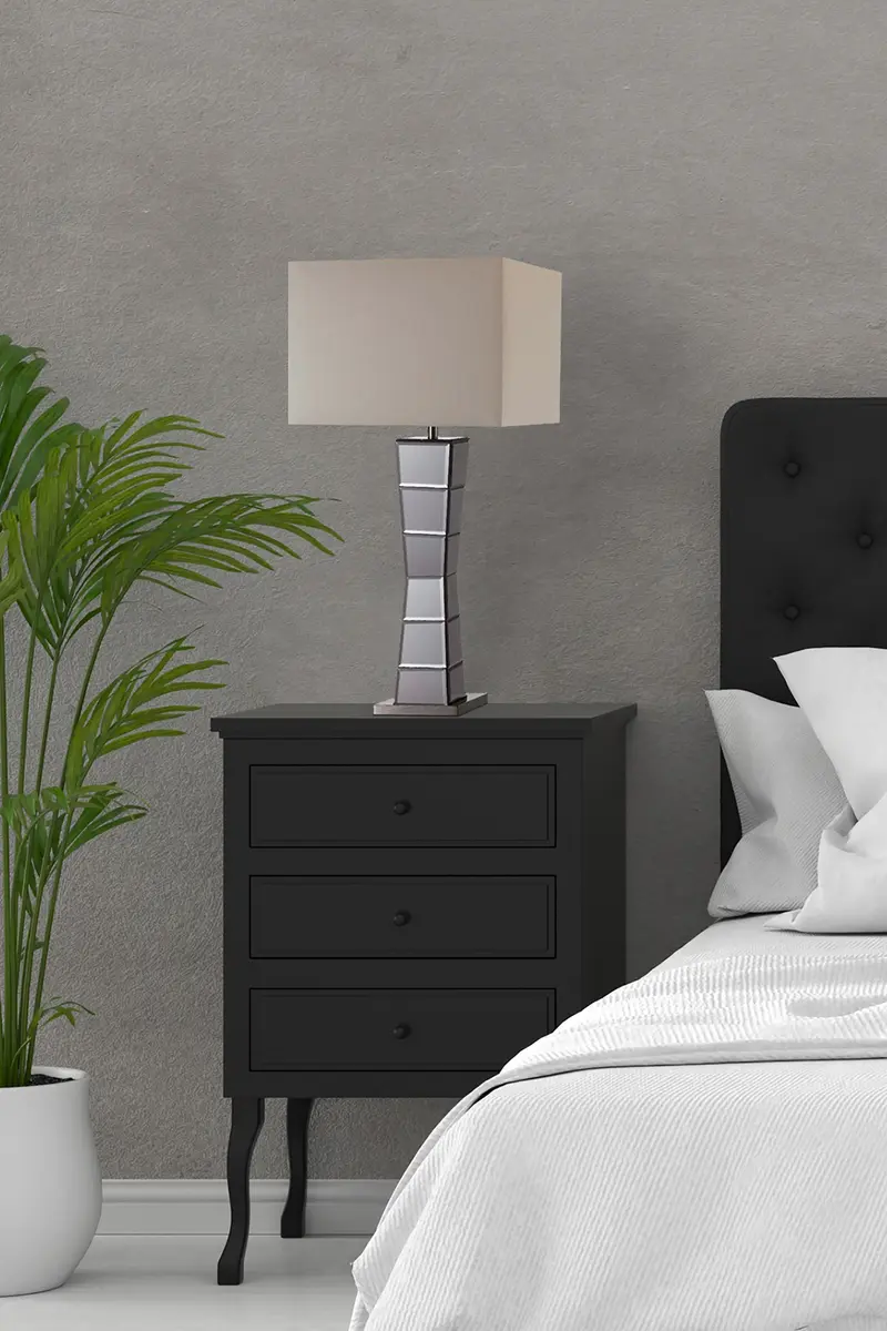 Black Glass Tower Table Lamp with Beige Fabric Shade By Homeroots