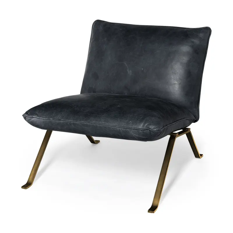 Black Leather Cushion Seat Accent Chair with Solid Iron Base By Homeroots