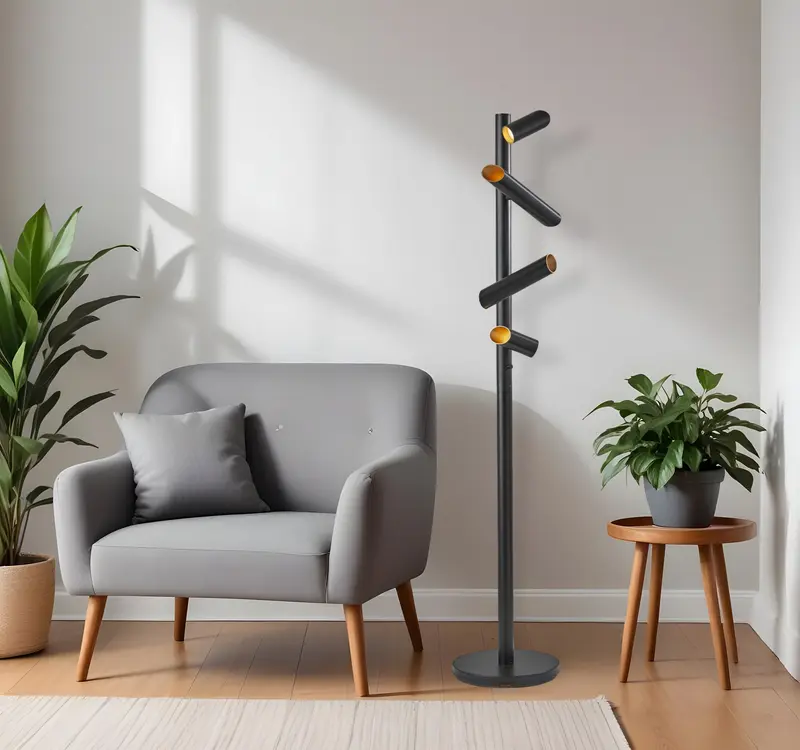 Black LED Tree Floor Lamp With Four Black Metal Cylinder Shades By Homeroots