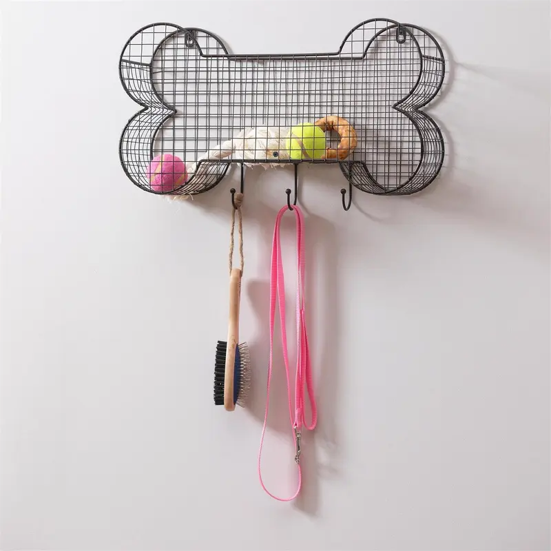 Black Metal Dog Bone Wall Storage Bin with Hooks