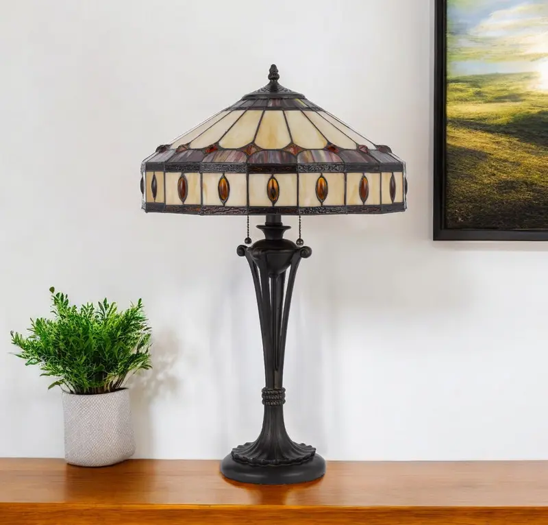 Black Metal Two Light Candlestick Table Lamp With Ivory and Red Dome Shade By Homeroots