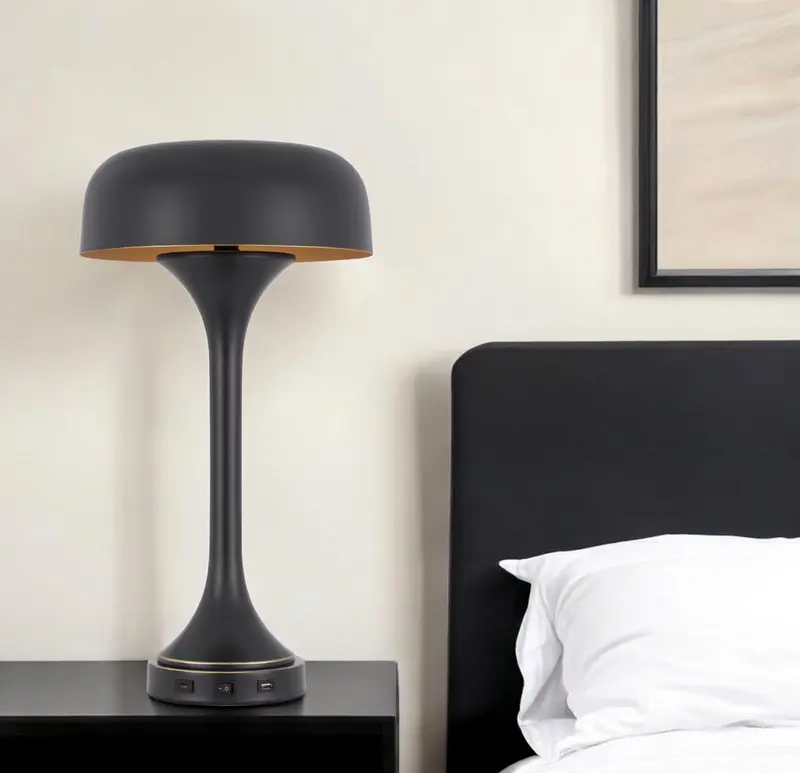 Black Metal Two Light Novelty USB Table Lamp With Black Dome Shade By Homeroots