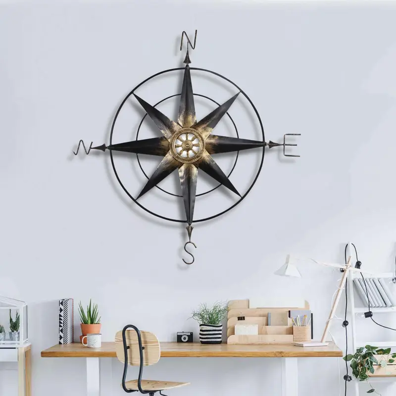 Black Metal Wall Decor Compass with Gold Center Accents By Homeroots