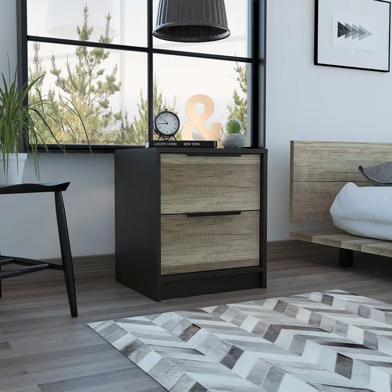 Black Open Compartment Two Drawer Nightstand By Homeroots