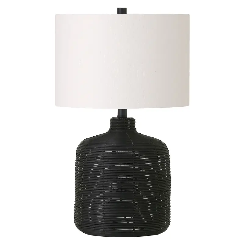 Black Rattan Table Lamp With White Drum Shade By Homeroots