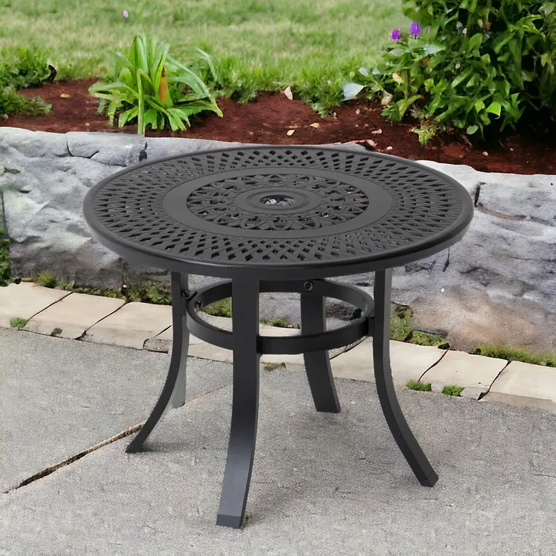 Black Rounded Metal Outdoor Bistro Table With Umbrella Hole By Homeroots