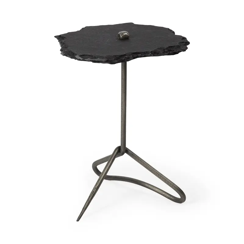 Black Slate-Top Accent Table with Triangular Iron Base By Homeroots