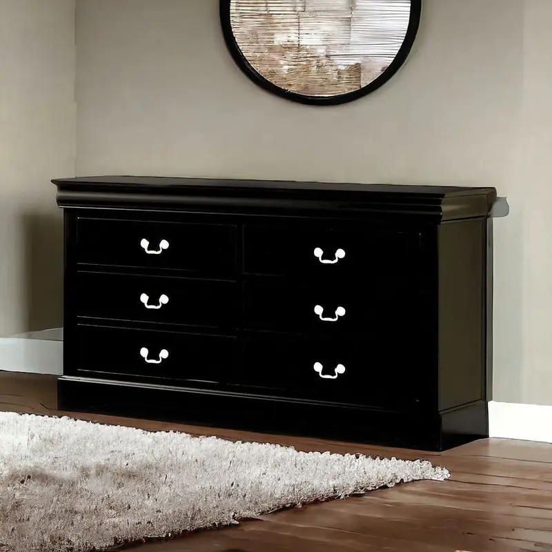 Black Solid and Manufactured Wood Six Drawer Double Dresser By Homeroots