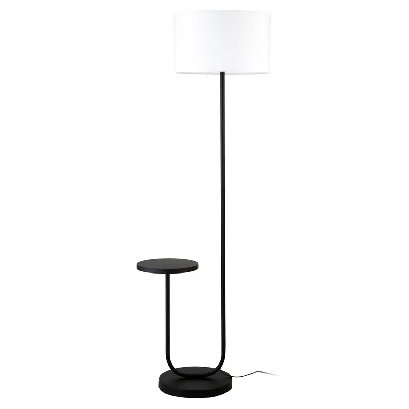 Black Tray Table Floor Lamp With White No Pattern Frosted Glass Drum Shade By Homeroots