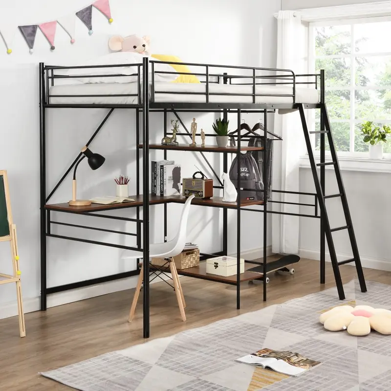 Black Twin Size Metal Loft Bed With Desk And Shelves By Homeroots