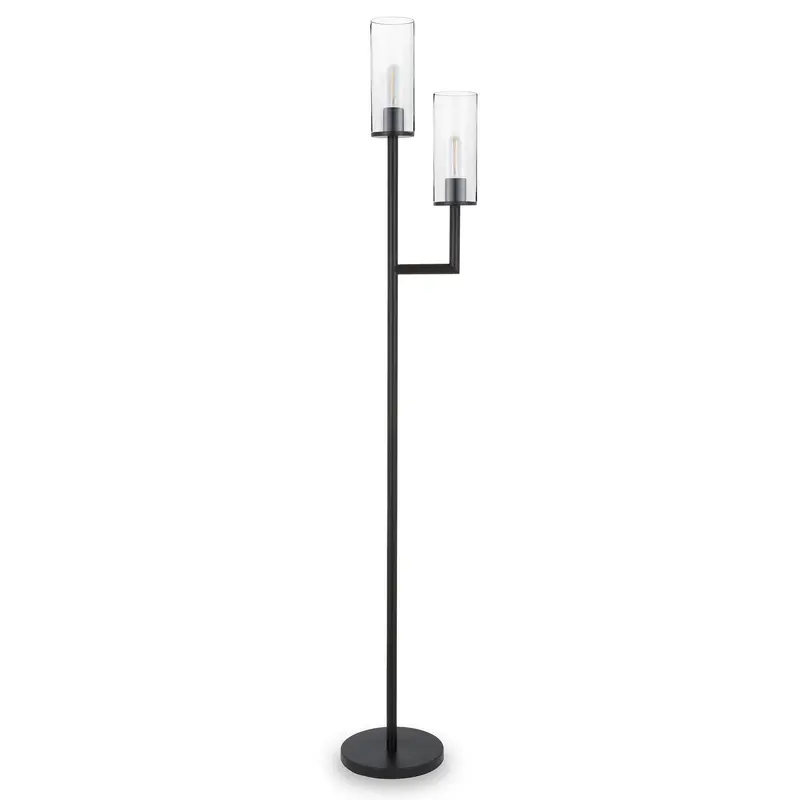 Black Two Light Torchiere Floor Lamp With Clear Transparent Glass Drum Shade By Homeroots