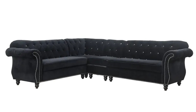 Black Velvet Upholstery Wood Leg Sectional Sofa By Homeroots