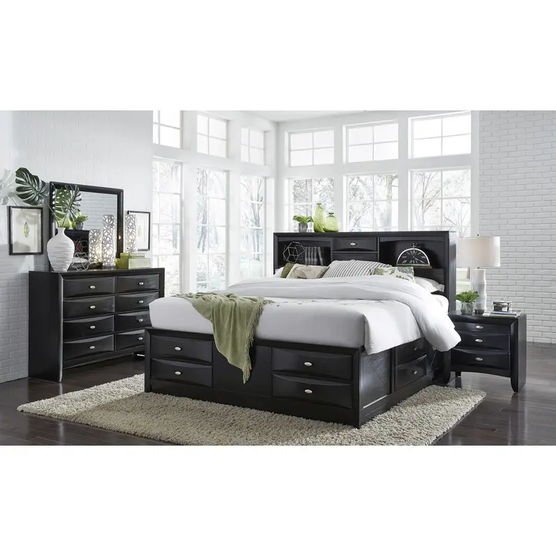 Black Veneer Queen Bed With Bookcase Headboard 10 Drawers By Homeroots