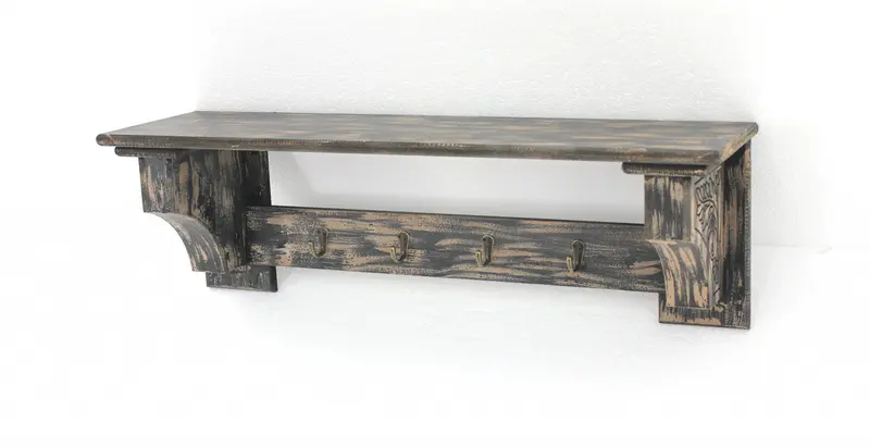 Black Vintage Wooden Metal Hooks Wall Shelf By Homeroots