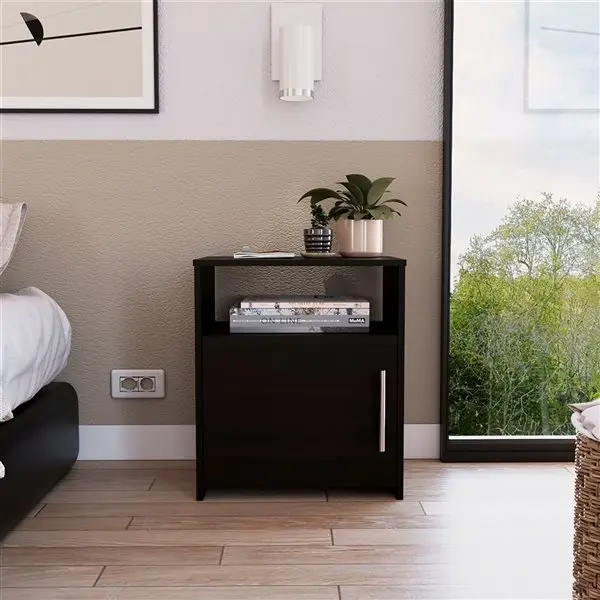 Black Wengue Nightstand with One Door Panel Cabinet By Homeroots