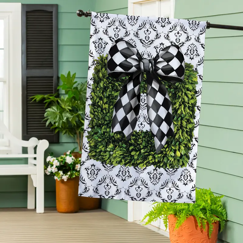 Black & White Bow Topiary Burlap House Flag