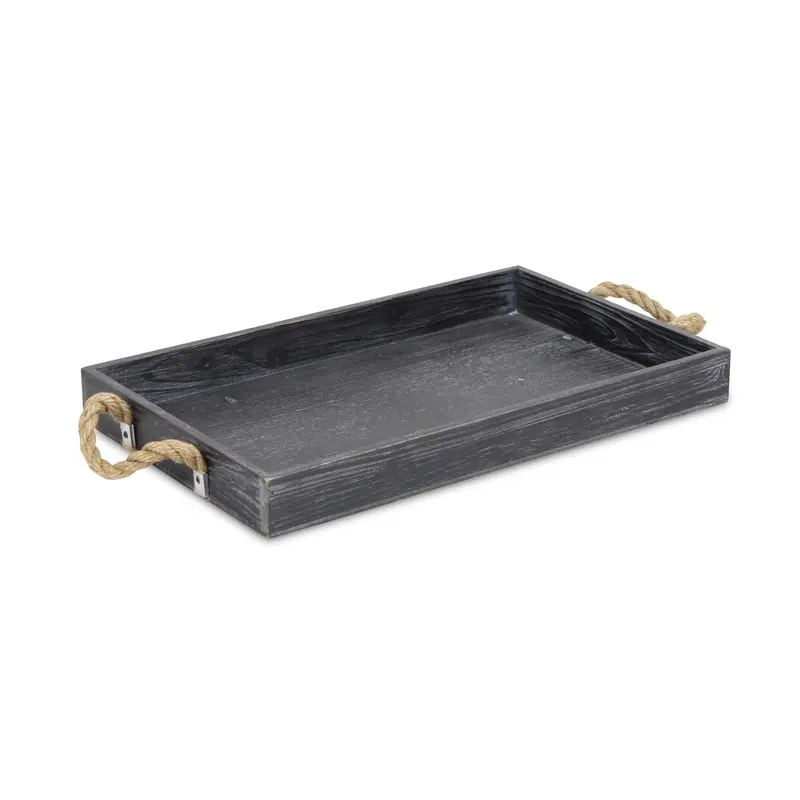 Black Wooden Tray With Rope Handles By Homeroots