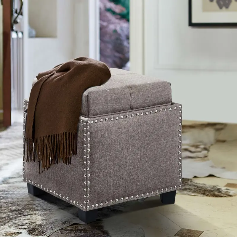 Blaze Contemporary Ottoman in Brown Linen with Wood Legs By Armen Living