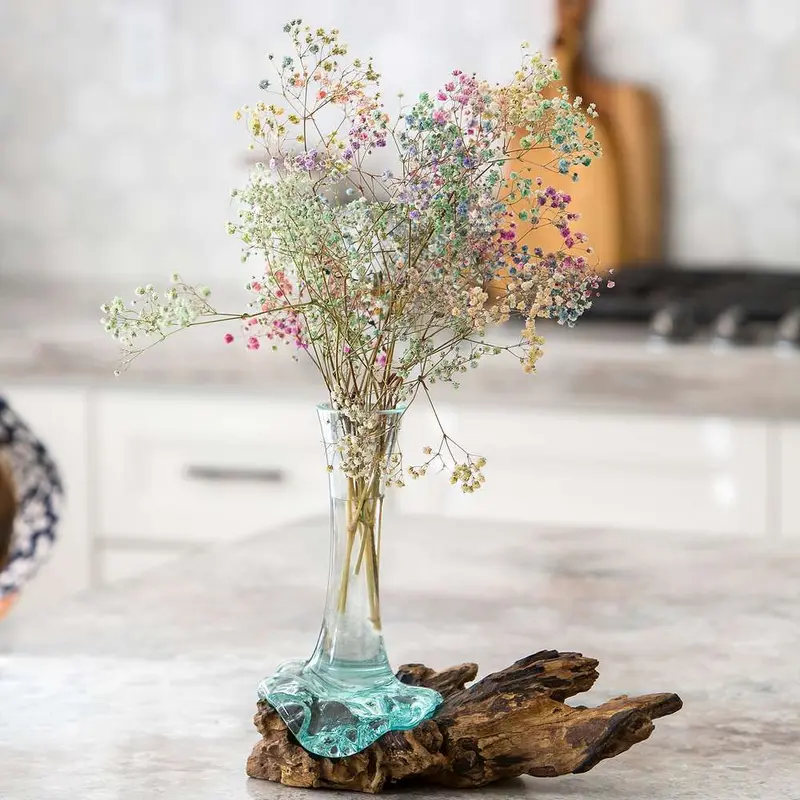 Blown Glass Flower Vase on Chinaberry Wood Set of 4 By Garden Age Supply