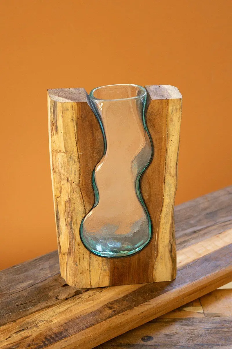 Blown Glass Vase Inside Of Teak Wood - Large By Kalalou