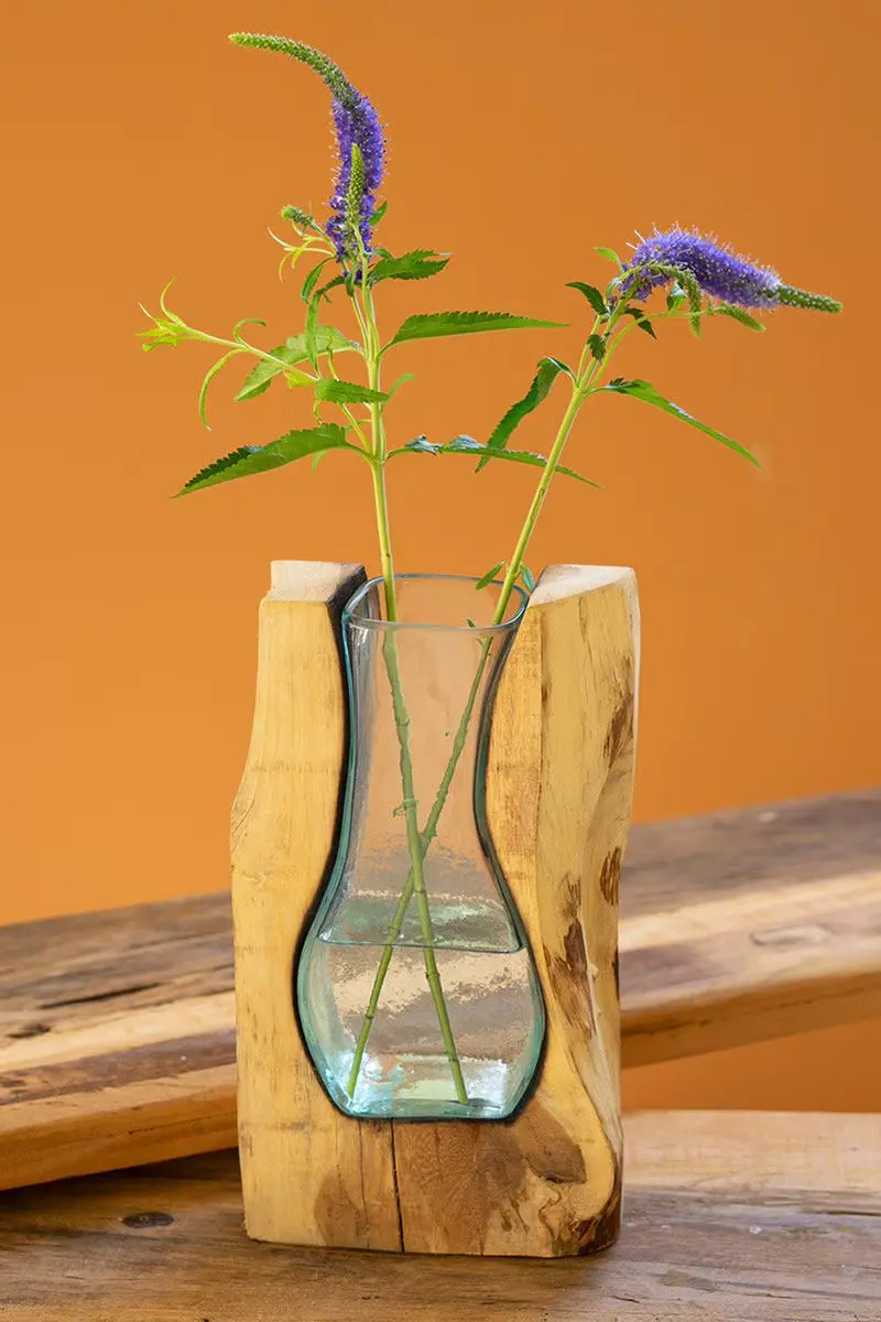 Blown Glass Vase Inside Of Teak Wood - Small By Kalalou
