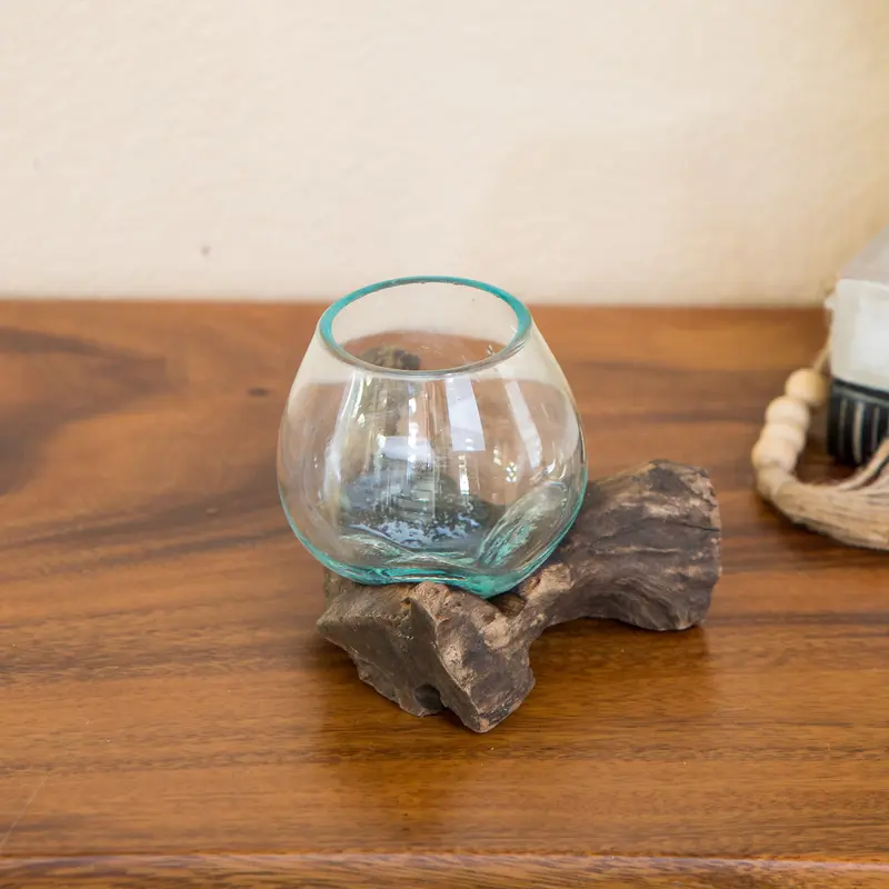 Blown Glass Vase on Chinaberry Wood 6"H Set of 4 By Garden Age Supply