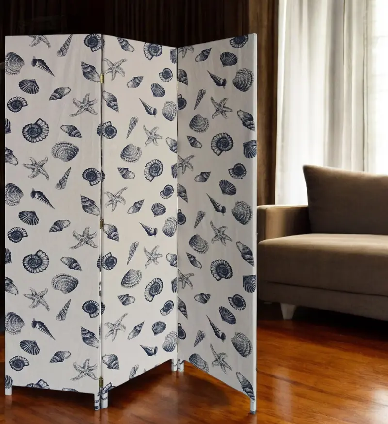 Blue and Beige Fabric Folding Three Panel Screen Room Divider By Homeroots