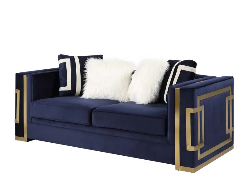 Blue And Gold Velvet Loveseat and Toss Pillows By Homeroots