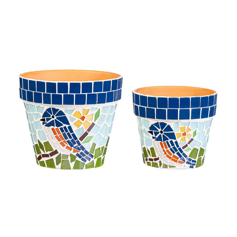 Blue Bird Mosaic Cachepots, Nested Set of 2