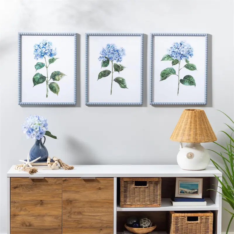 Blue Coastal, Blue Hydrangea Wall Decor, Canvas with Beaded Frame, 16" L x 20" H, Asst of 3