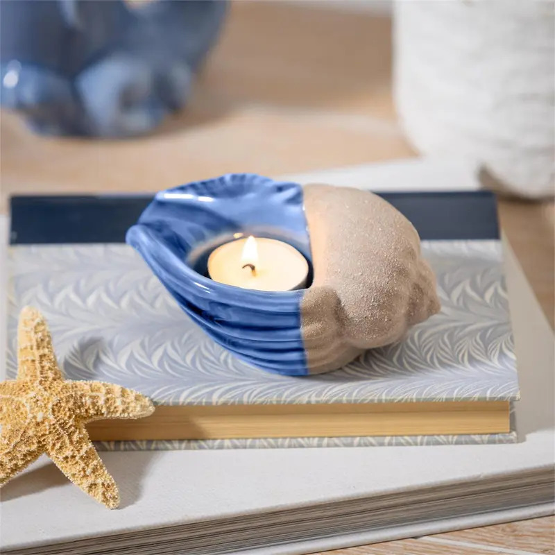 Blue Coastal Candleholder Ceramic Shell, 5"L x 2.25"H, CDU