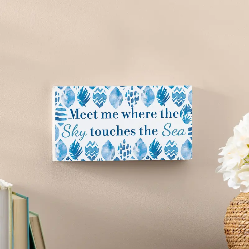 Blue Coastal Coral Sea Wood Hanging Sign w/ Rope, "Meet Me Where The Sky Touches The Sea", 11"x6"