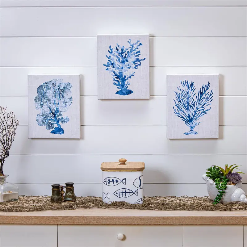 Blue Coastal Indoor Wall Decor, Textile, Water-Colored Blue Coral Canvas, 8" L x 10" H, Asst of 3