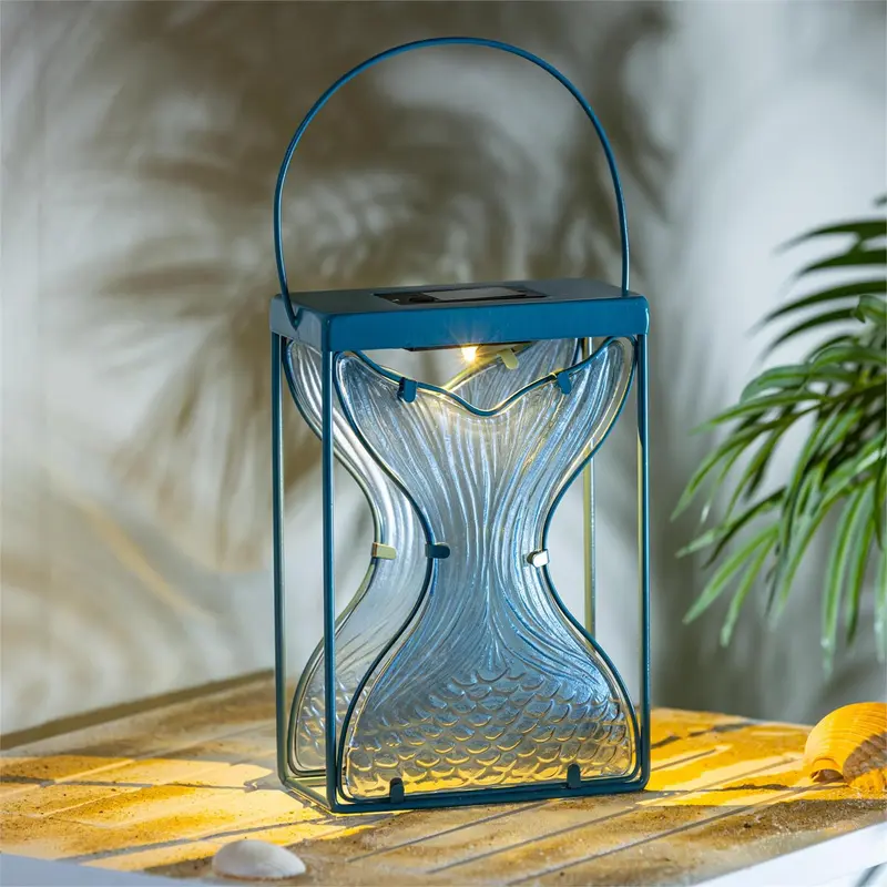 Blue Coastal Outdoor Lamp & Lighting Mermaid Tail Metal and Glass Solar Lantern