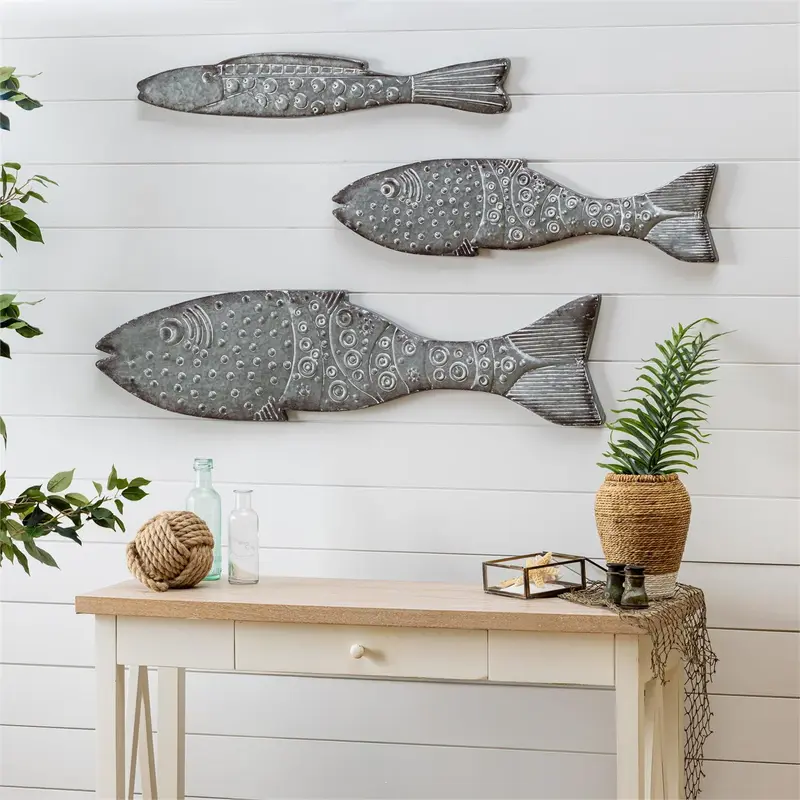 Blue Coastal Outdoor Wall Decor, Metal, Galvanized Metal Fish Wall Decor, Set of 3