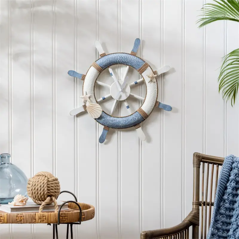 Blue Coastal Outdoor Wall Decor, Metal, Nautical Clock, 21" L x 21" H