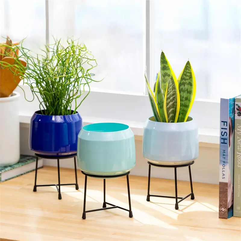 Blue Coastal Planter, Mini Metal Planter with Stand, Shiny Finish, 7.75", Asst of 3
