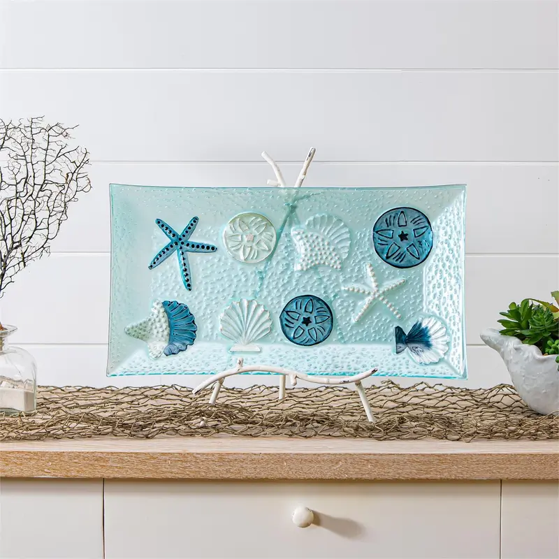 Blue Coastal Table Decor Glass Decorative Tray, 16.5"L x 9"W
