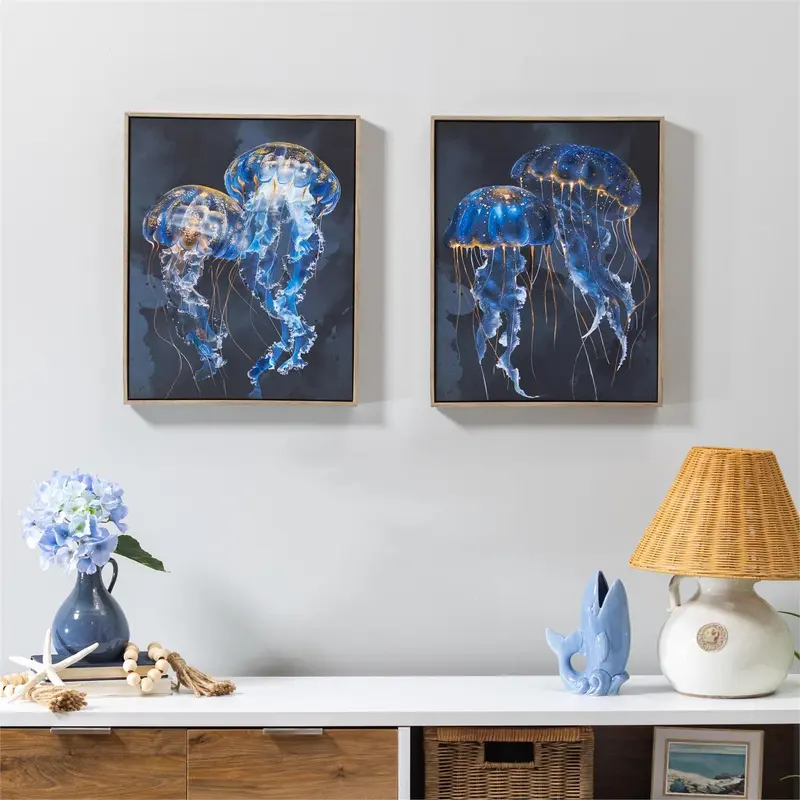 Blue Coastal Wall Décor, Textile, Jellyfish with Frame, 16" L x 20" H, Asst of 2