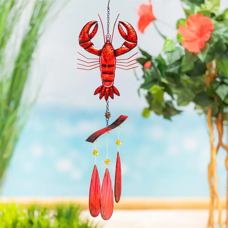 Blue Coastal Wind Chimr, Glass & Metal Lobster, 15"