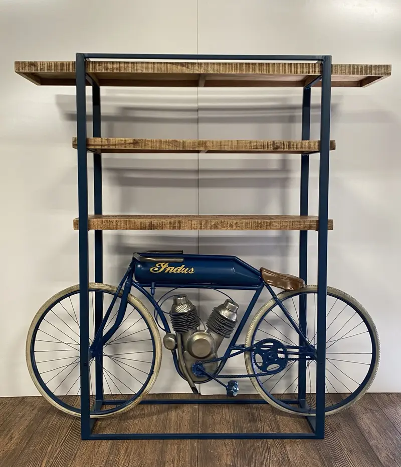 Blue Metal Mango Wood Cycle Book Shelf Bar Counter By Homeroots